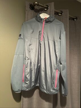 Light Gray Pullover Jacket with Pink Zippers